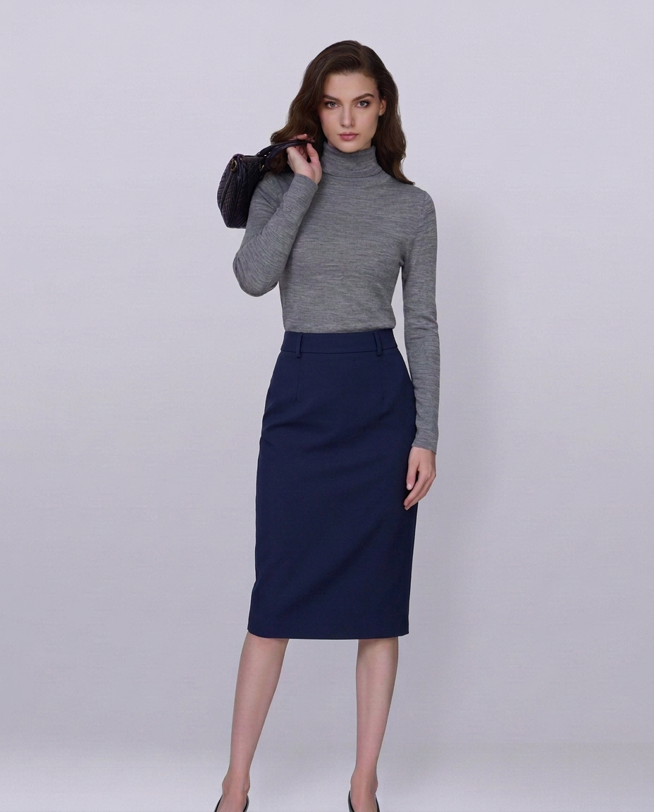 Deep Ocean Blue Minimal Cut Commuter Midi Skirt