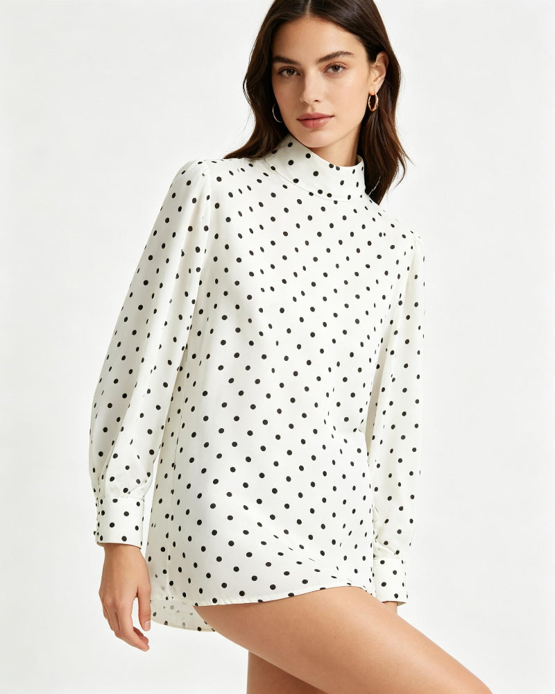 Chiffon-Like White Polka Dot High Neck Long Sleeve Blouse Suitpure