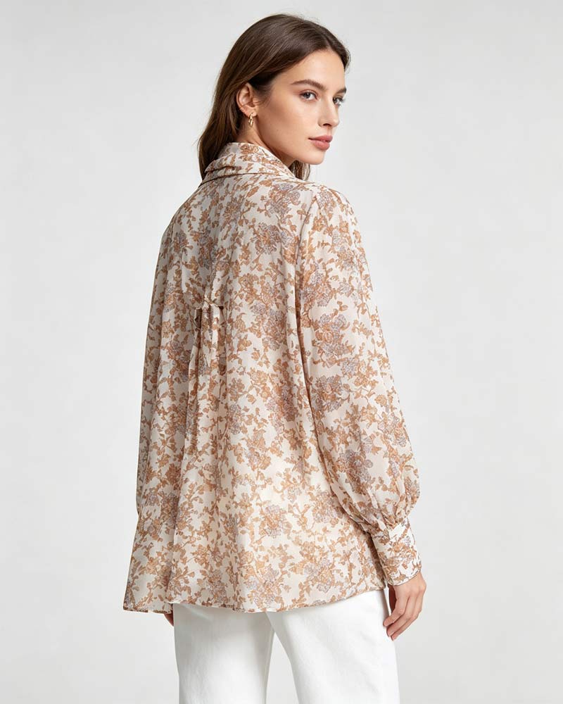 Women's Bow Tie Lantern Tencel & Viscose Floral Print Blouse Suitpure