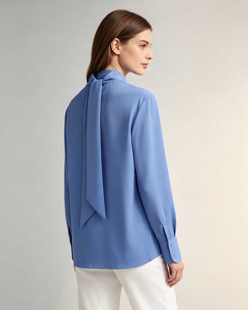 Blue Acetate Blend Tie Neck Satin Blouse