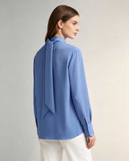 Blue Acetate Blend Tie Neck Satin Blouse