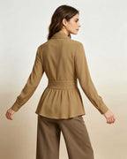 Women's Khaki Bow Tie Neck Silk Tencel & Polyamide Blouse