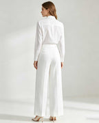Tencel Linen Women White High Waist Pleated Wide Leg Trousers