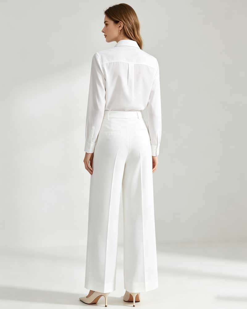 Tencel Linen Women White High Waist Pleated Wide Leg Trousers