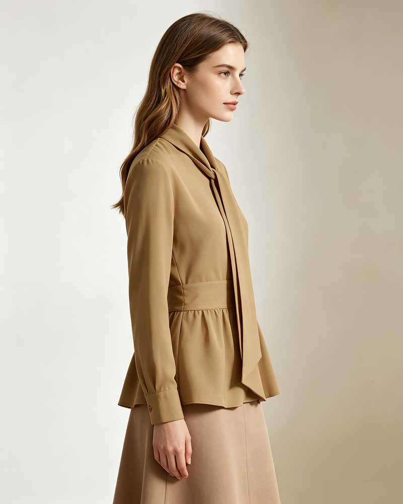 Women's Khaki Bow Tie Neck Silk Tencel & Polyamide Blouse