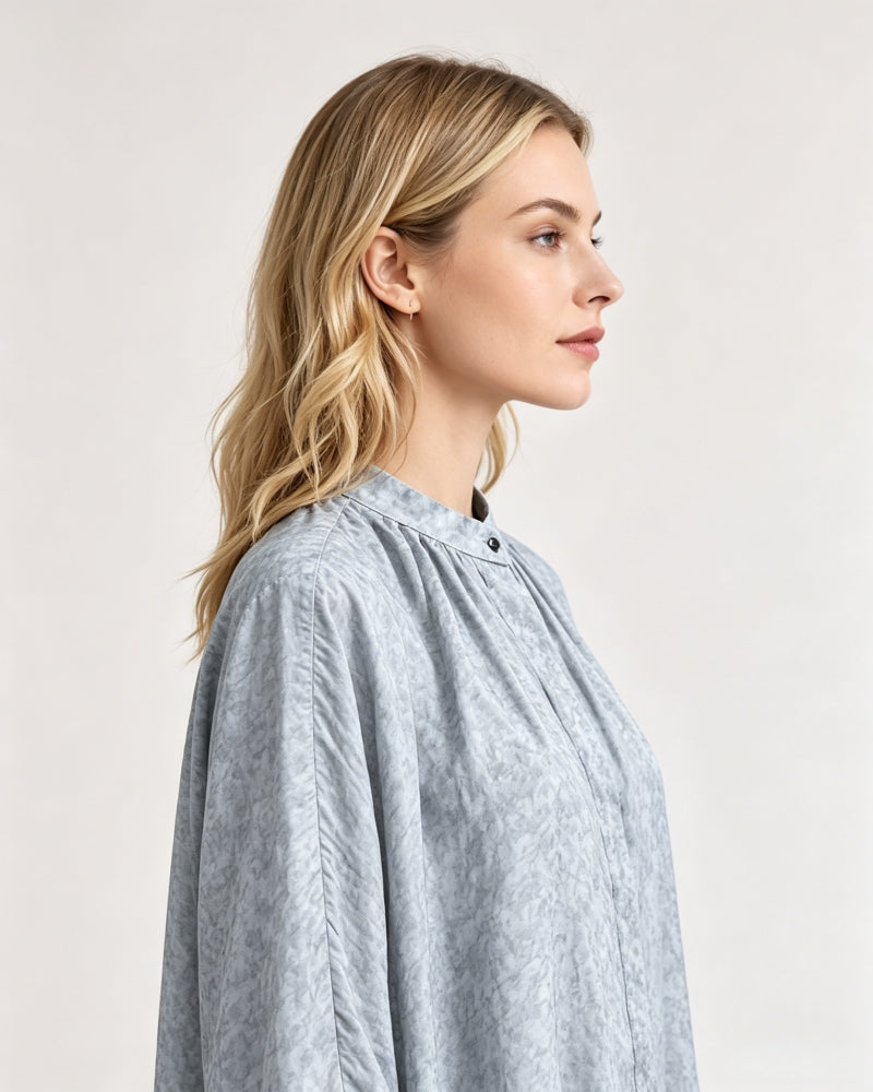 Draped Mandarin Collar Blouse in Tencel Linen Suitpure