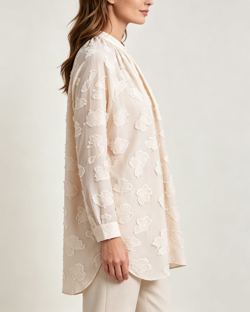 Champagne Butterfly Clipped Jacquard Pleated Mandarin Oversized Blouse Suitpure