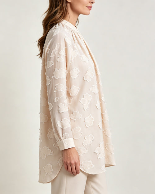 Champagne Butterfly Clipped Jacquard Pleated Mandarin Oversized Blouse Suitpure