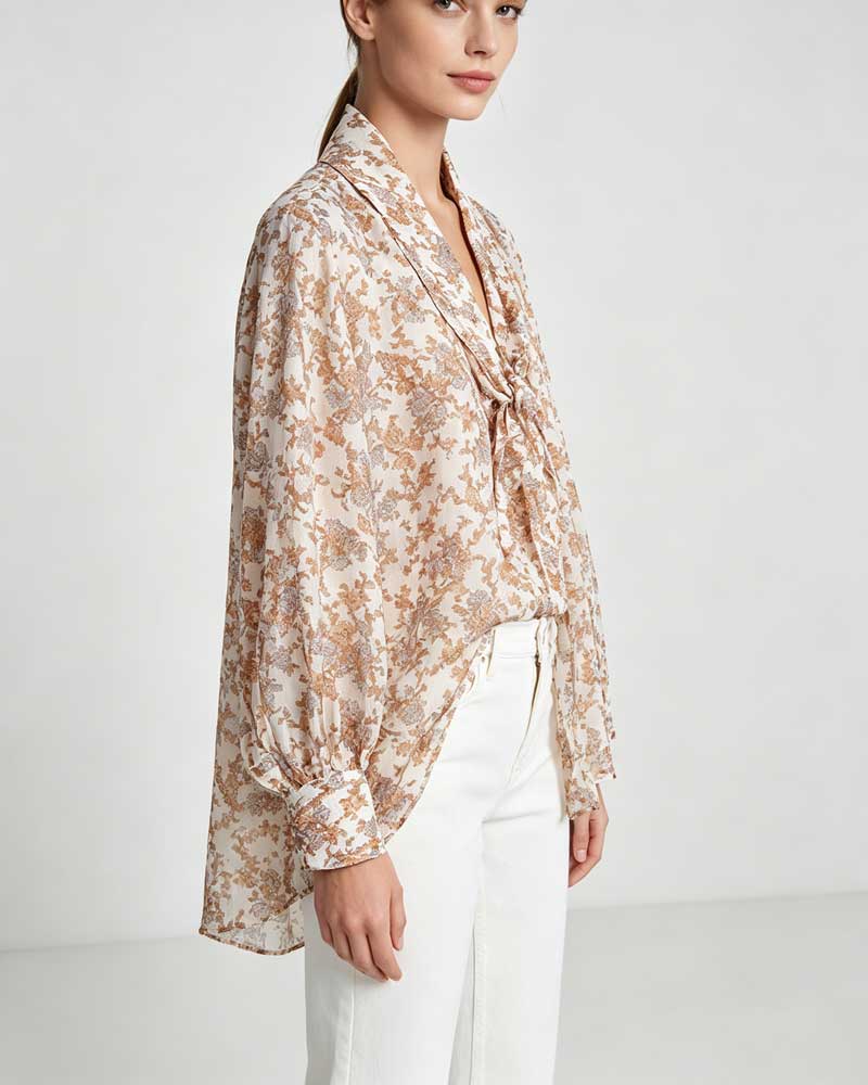 Women's Bow Tie Lantern Tencel & Viscose Floral Print Blouse Suitpure