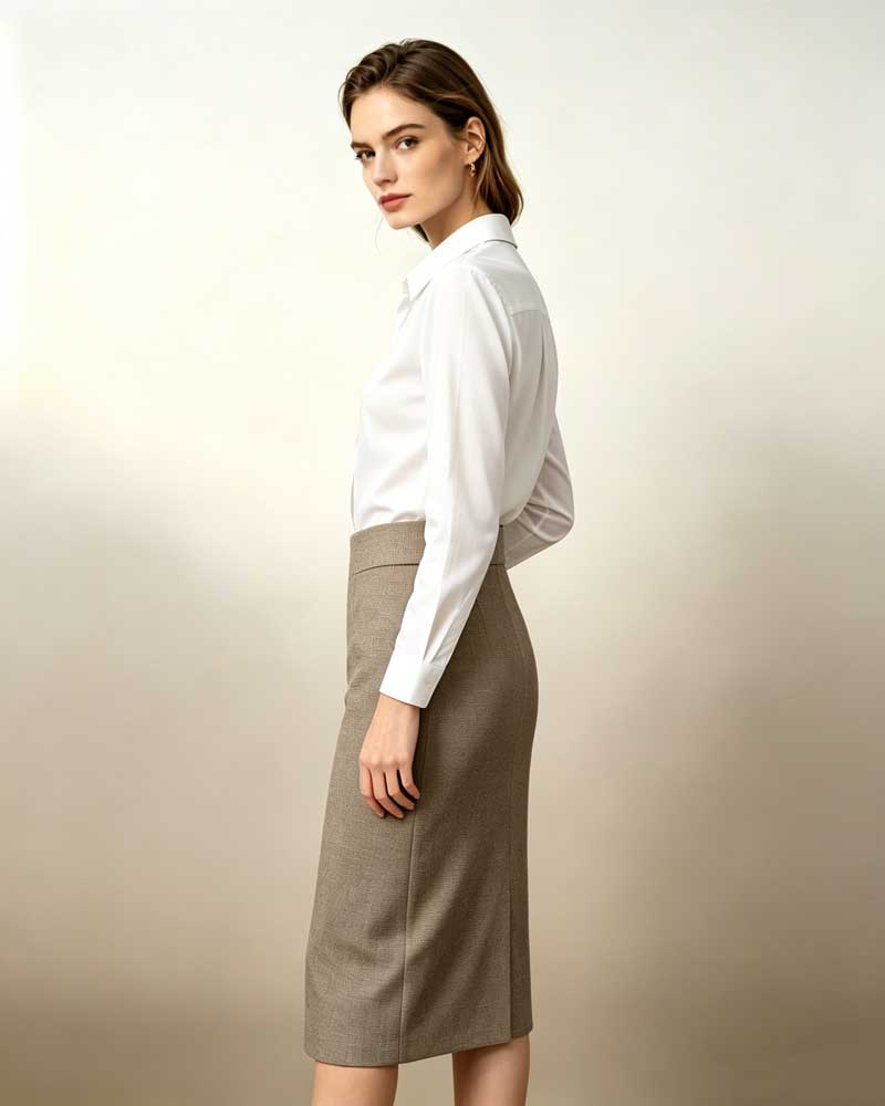 Women's Textured Taupe Fold Over Collar Waist Midi Pencil Skirt