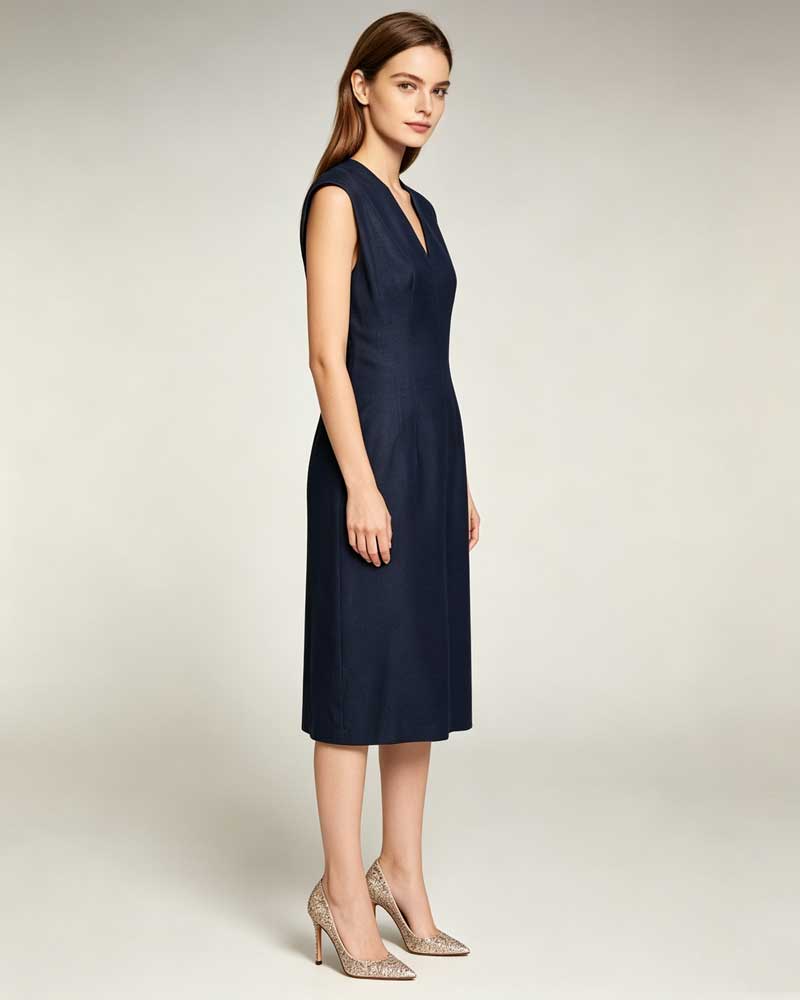 Navy Sleeveless V-Neck Midi Sheath Dress