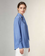 Blue Acetate Blend Tie Neck Satin Blouse