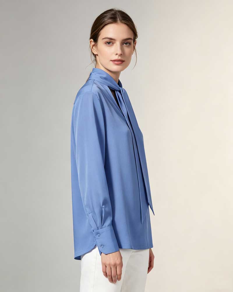 Blue Acetate Blend Tie Neck Satin Blouse