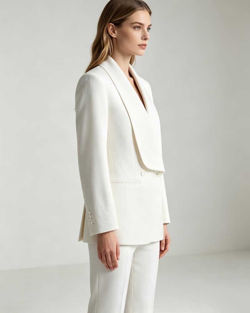 Women's Ivory White Double-Breasted Shawl Lapel Blazer