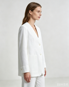 Women Breathable Tencel Linen Blend White V Neck Blazer