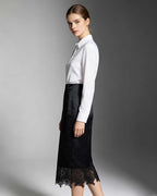 Women Black AcetateHigh Waist Jacquard Midi Pencil Skirt