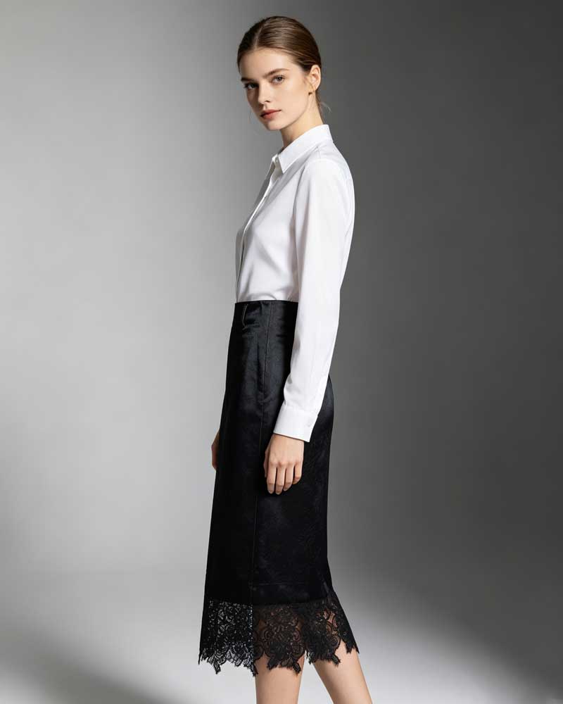 Women Black AcetateHigh Waist Jacquard Midi Pencil Skirt