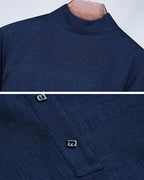 Navy Silk Linen Mandarin Collar Pullover Blouse Suitpure