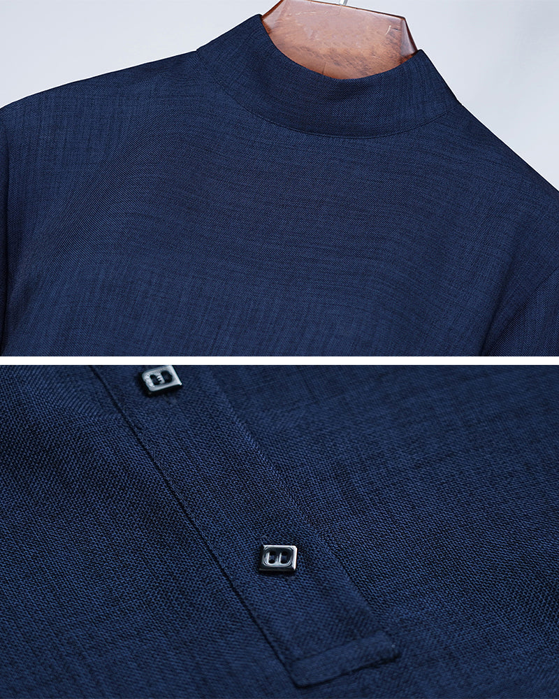 Navy Silk Linen Mandarin Collar Pullover Blouse Suitpure