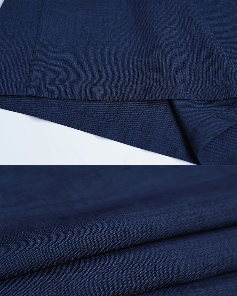 Navy Silk Linen Mandarin Collar Pullover Blouse Suitpure