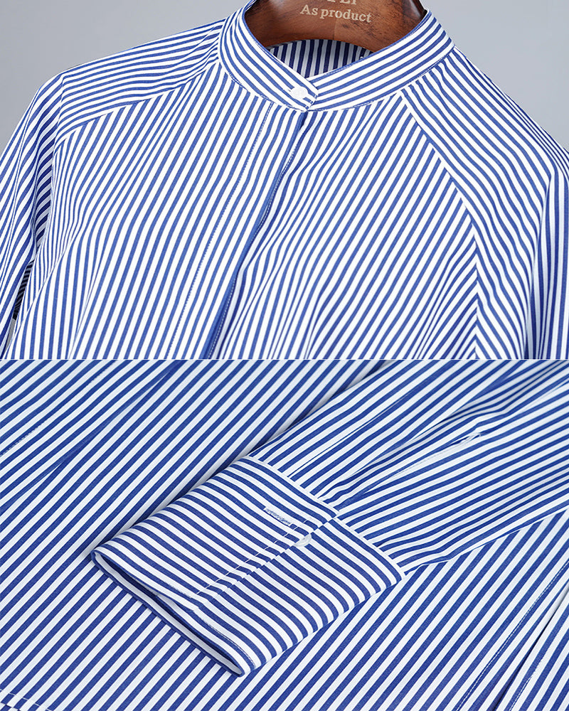 Blue and White Striped Mandarin Collar Shirt Jacket Suitpure
