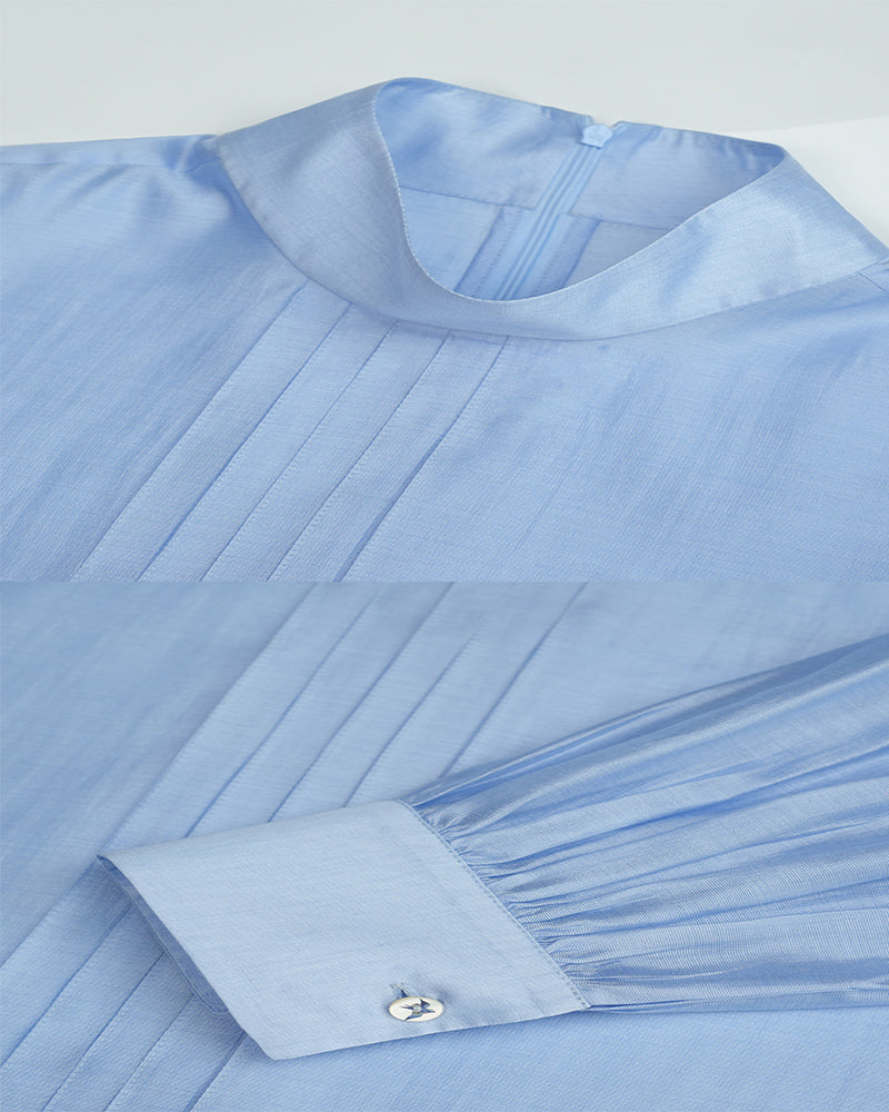 Mandarin Tencel Acetate Pullover Blouse with Lantern Puff Sleeves Suitpure