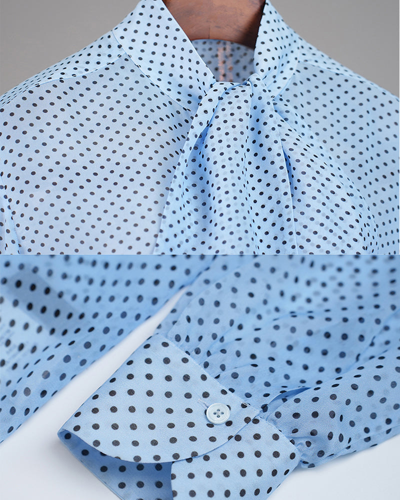 Women's Viscose Light Blue Polka Dot Bow Tie Neck Blouse Suitpure