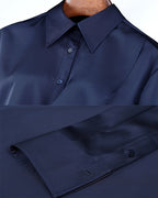 Women's Navy Satin Button-Down Ruffle Detail Point Collar Long Sleeve Blouse Suitpure