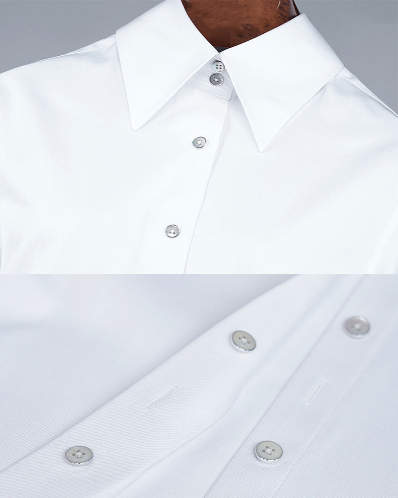Elegant Summer White Tencel Cotton Blouse Wide Pointed Collar Suitpure