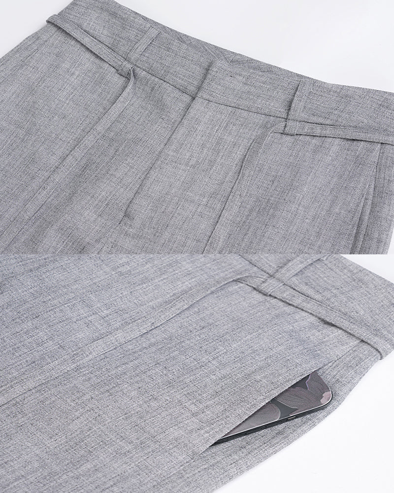 Women’s Belted Grey High Waist Belted Wide Leg Trousers Suitpure