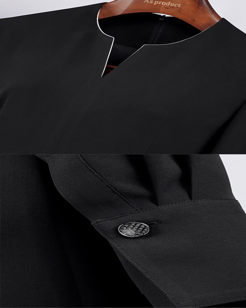 Women Elegant Black V Notch Neck Long Sleeve Sheath Dress for Office Work Suitpure