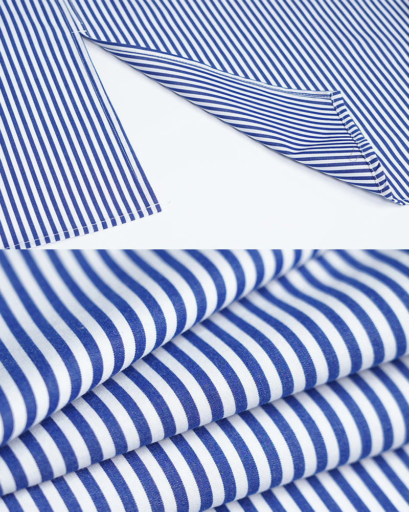 Blue and White Striped Mandarin Collar Shirt Jacket Suitpure