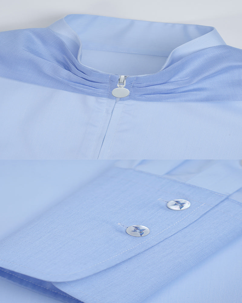Light Blue Zip-Front Crop Shirt with Feather Detail Suitpure