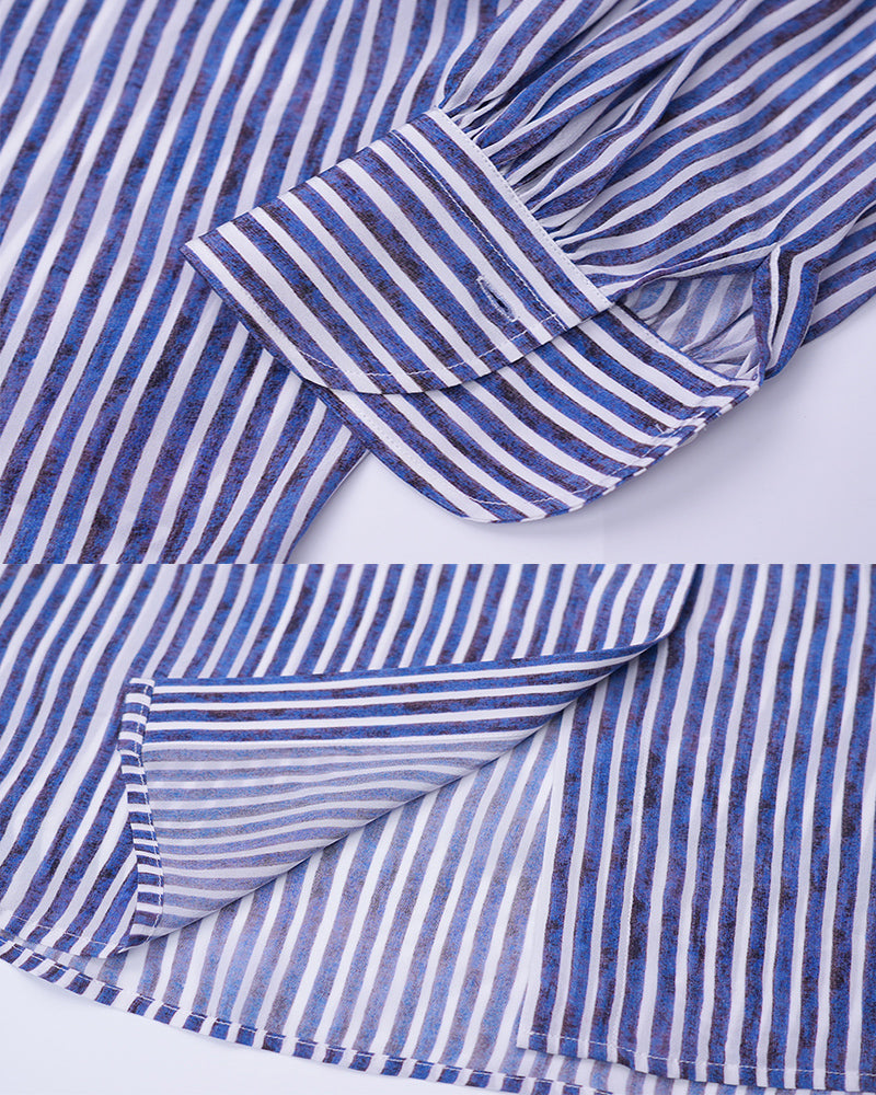 Women Lightweight Blue Vertical Stripe Long Sleeve Blouse Suitpure