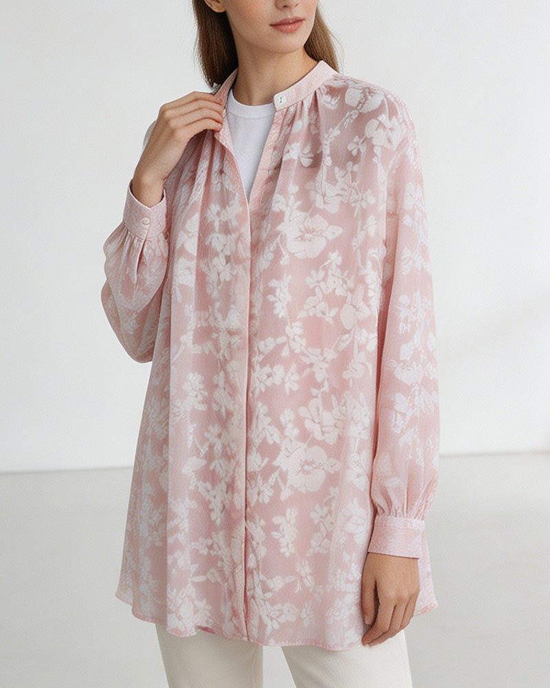 Pink Floral Stand Collar Blouse Suitpure