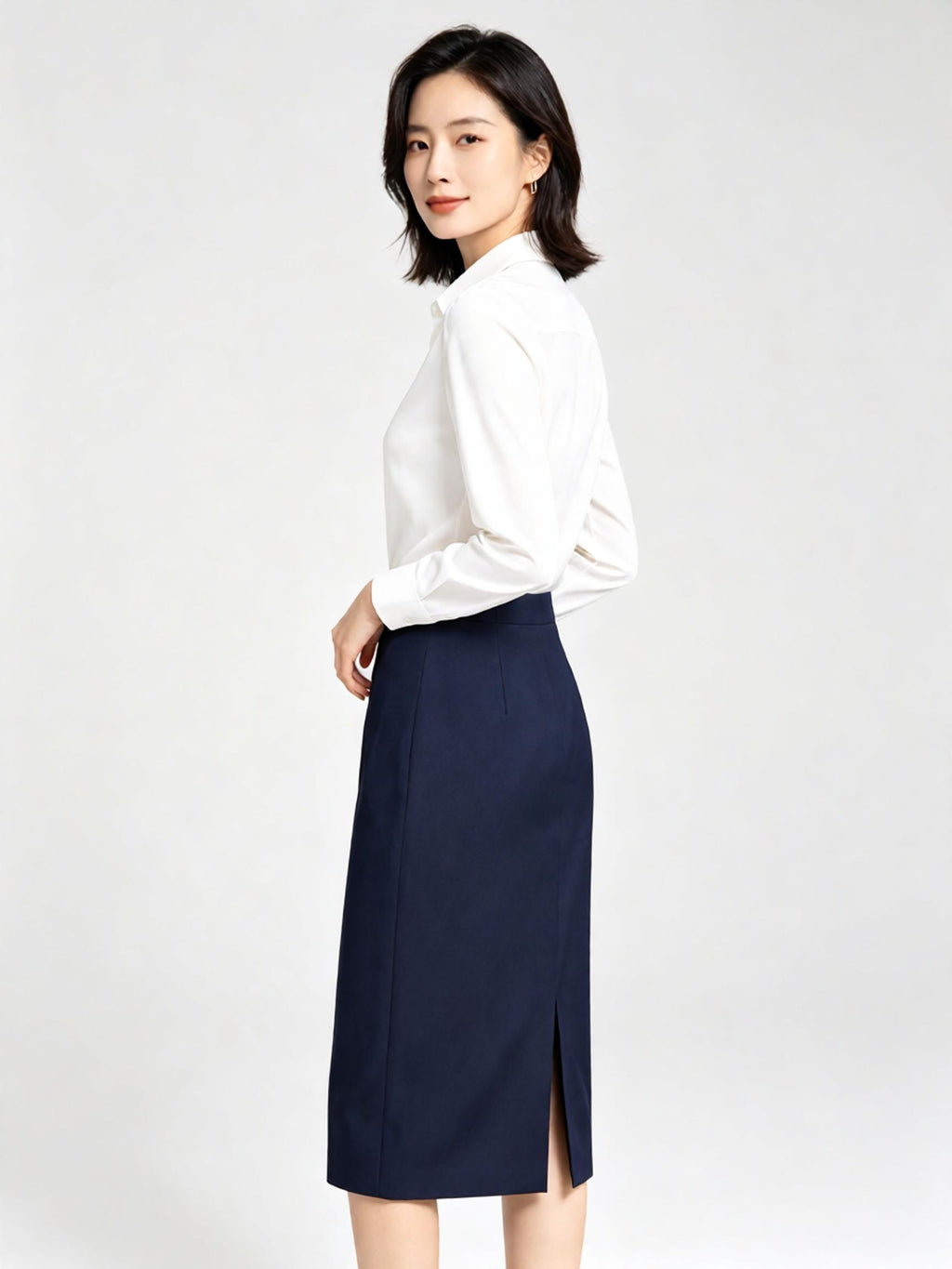 High Rise Navy Pencil Midi Skirt With Back Vent, Soft Wool Blend Fabric Corporate Office Skirt