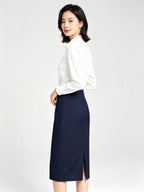 High Rise Navy Pencil Midi Skirt With Back Vent, Soft Wool Blend Fabric Corporate Office Skirt