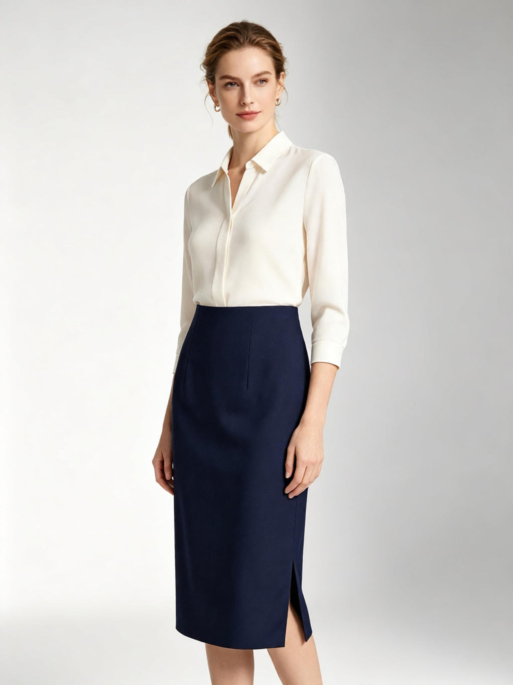 High Rise Navy Pencil Midi Skirt With Back Vent, Soft Wool Blend Fabric Corporate Office Skirt