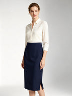 High Rise Navy Pencil Midi Skirt With Back Vent, Soft Wool Blend Fabric Corporate Office Skirt