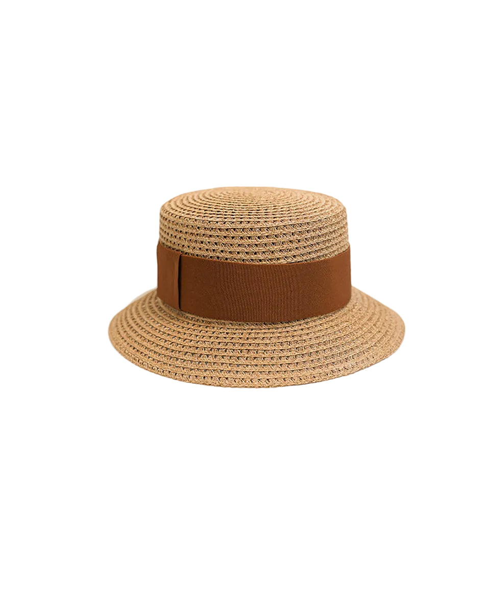 Breathable Beige Straw Sun Hat with Brown Ribbon Band Suitpure
