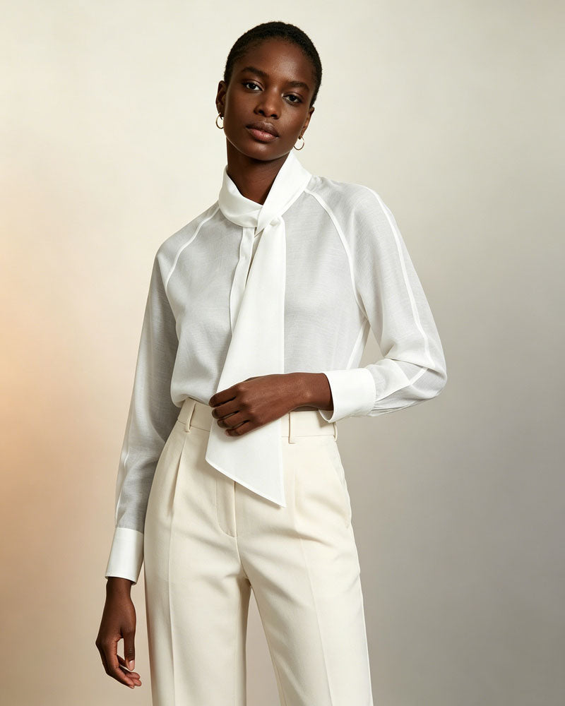 Elegant Bow Neck Tie White Loose Fit Chiffon Blouse Suitpure