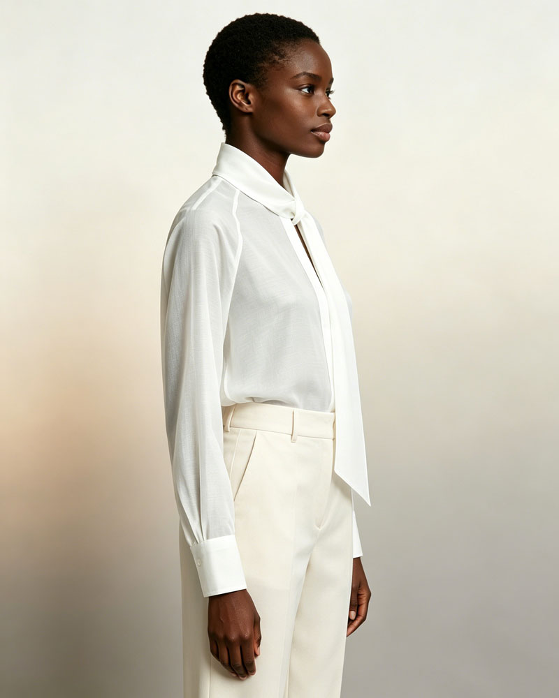 Elegant Bow Neck Tie White Loose Fit Chiffon Blouse Suitpure