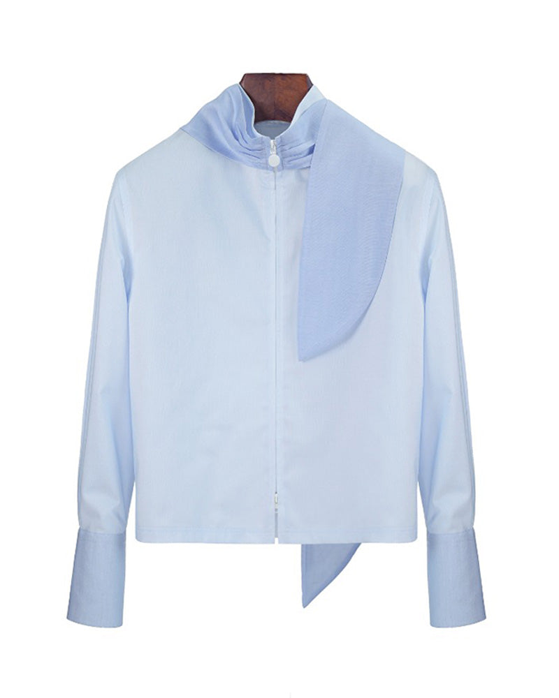 Light Blue Zip-Front Crop Shirt with Feather Detail Suitpure