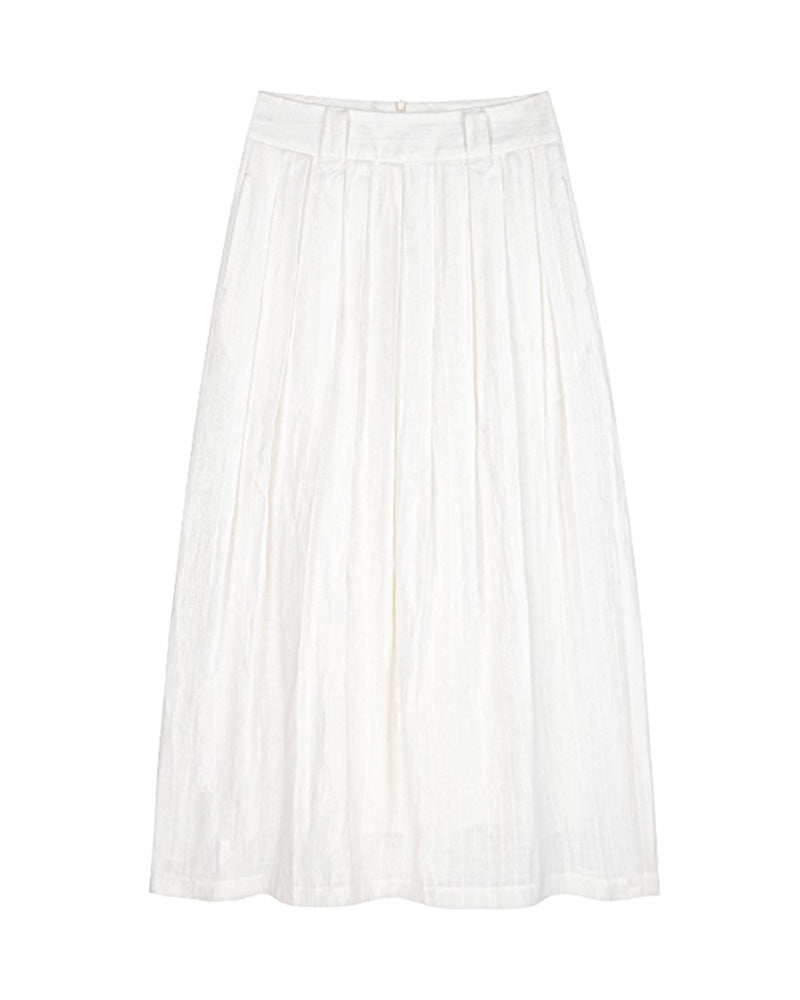 White Breathable Linen Pleated Midi Skirt Suitpure
