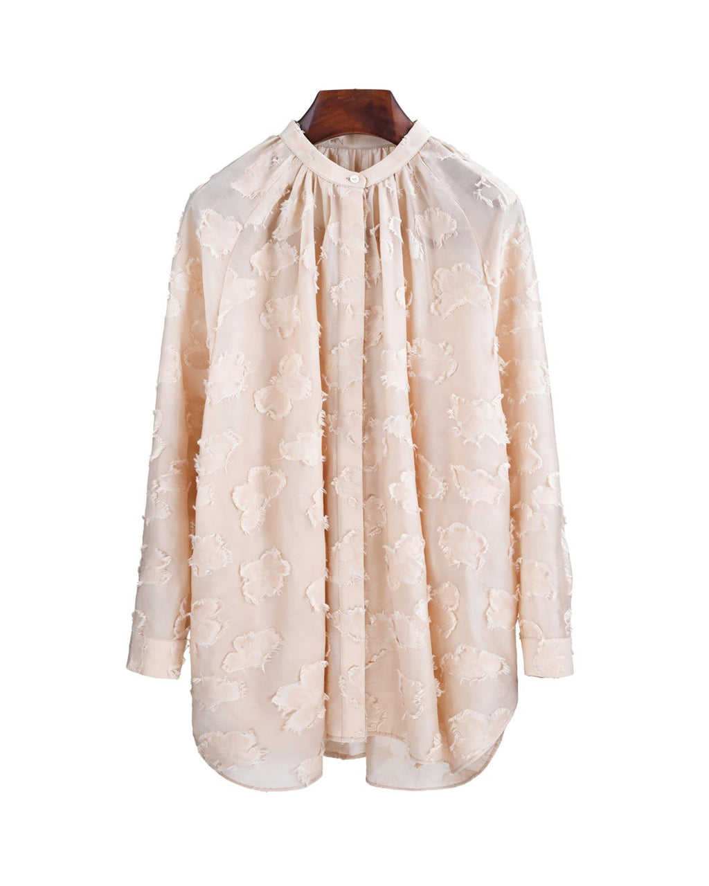 Champagne Butterfly Cutwork Pleated Mandarin Oversized Blouse Suitpure