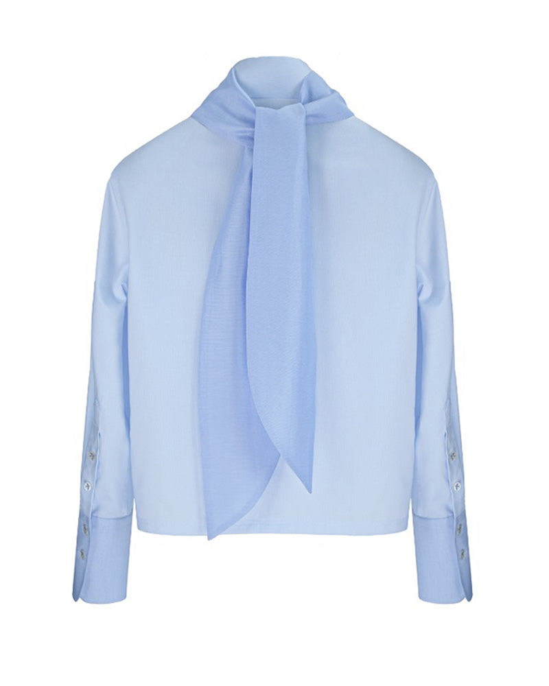 Light Blue Zip-Front Crop Shirt with Feather Detail Suitpure