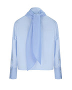 Light Blue Zip-Front Crop Shirt with Feather Detail Suitpure