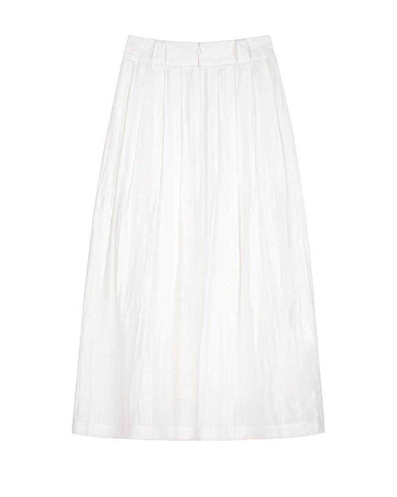 White Breathable Linen Pleated Midi Skirt Suitpure