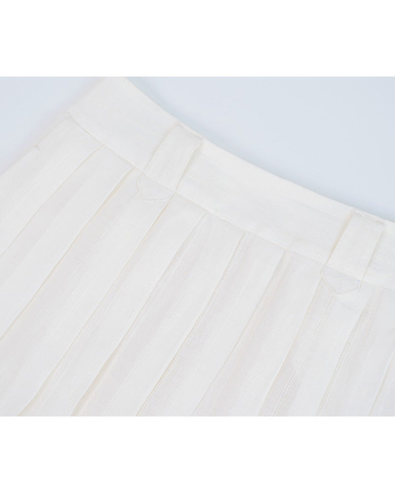 White Breathable Linen Pleated Midi Skirt Suitpure