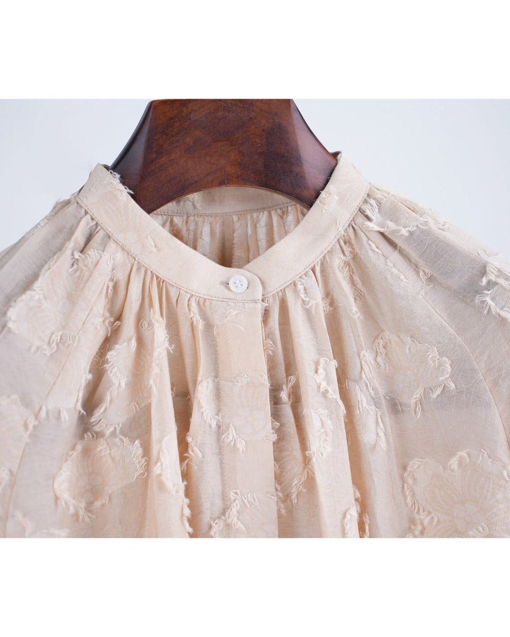 Champagne Butterfly Cutwork Pleated Mandarin Oversized Blouse Suitpure